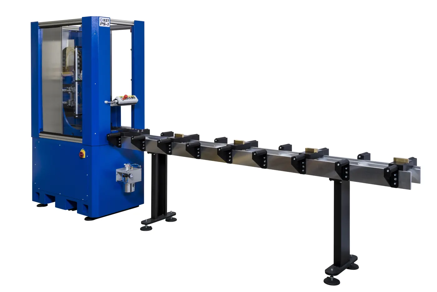BZT-Sondermaschine mit blauem Bearbeitungsgehäuse und langer Rollenbahn für Linearführungen